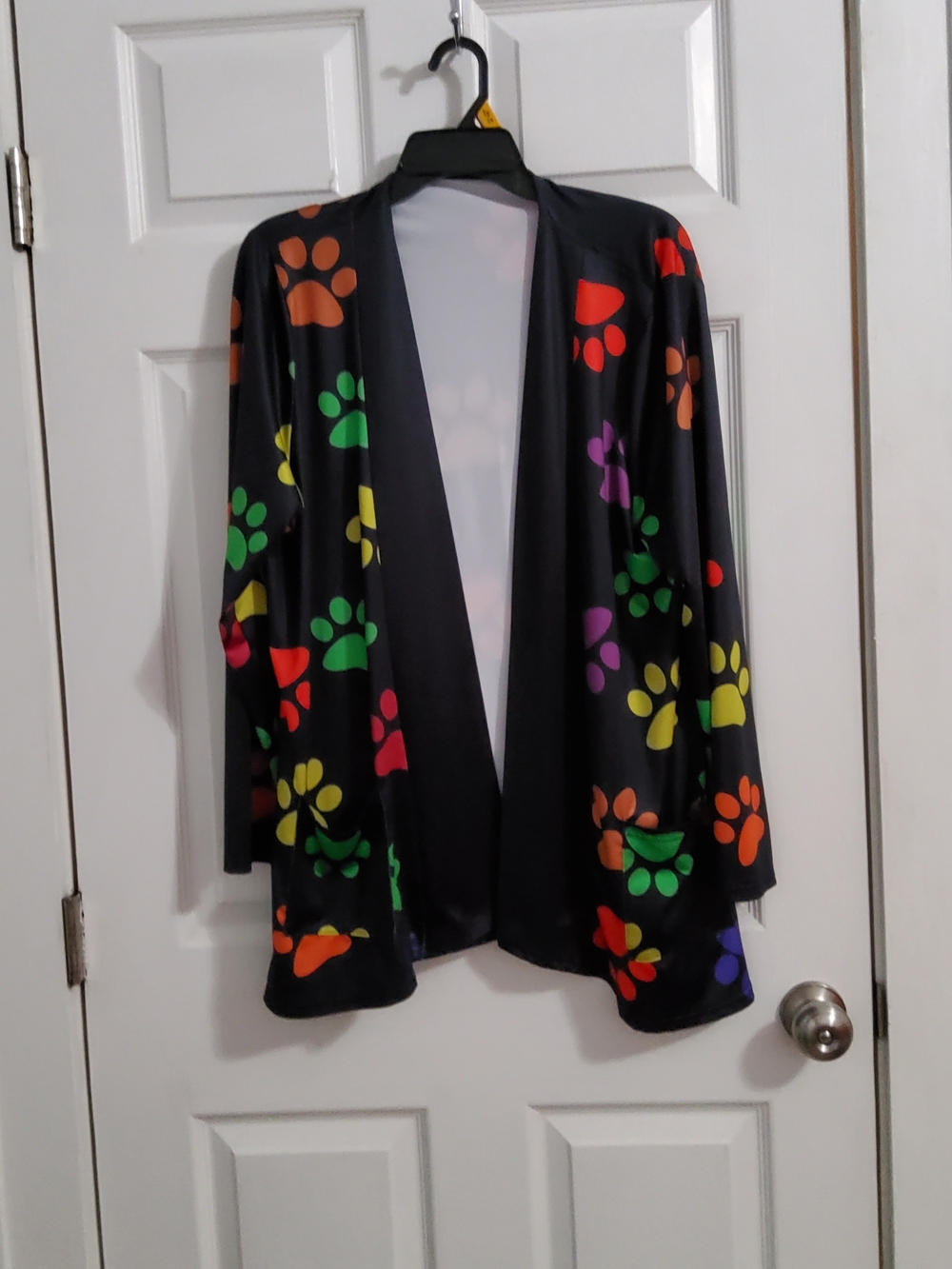 Black Open-Front Cardigan with Multicolor Paw Print